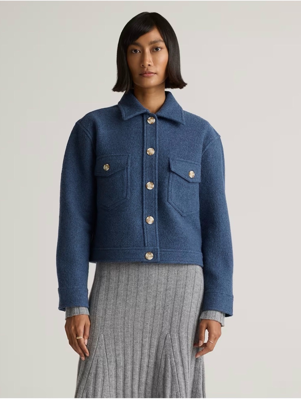 Quince 100% Merino Wool Cropped Shirt Jacket Denim Blue Melange Medium